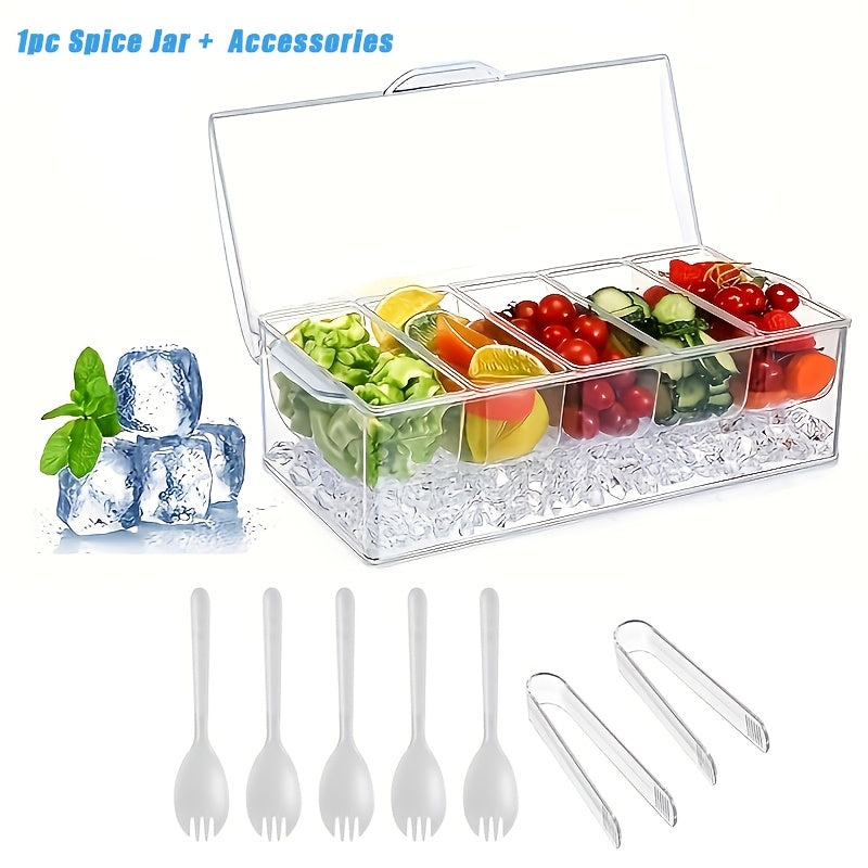1pc Portable Chilled Fruit Storage Box, Equipped with 5 Forks And 2 Pliers, Salad Storage Box, Suitable for Entertainment Parties with Lid, Bar Decoration Rack, Detachable Box with 5 Compartments, Fruit Trays for Serving