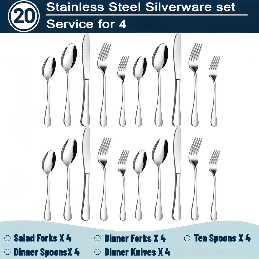 20/60pcs Stainless Steel Flatware Cutlery | Silverware for 4/12, Silvery, Mirror Polished, Dishwasher Safe | for Home Kitchen Restaurant Hotel, Perfect for Gifts And Weddings, The Best Gifts for Thanksgiving And Christmas