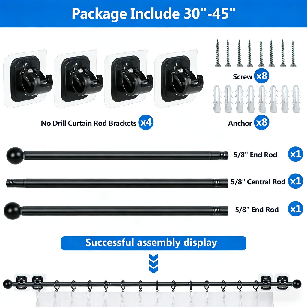 Curtain Rods No Drilling for Windows, 5/8 Inch Diameter Drapey Pole with No Drill Curtain Rod Brackets (2pcs Black)