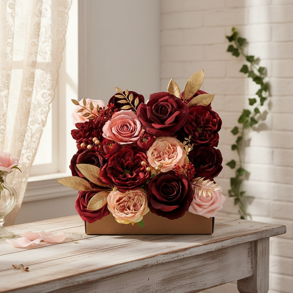 AUSOGO Artificial Rose Bouquet, Wine Red Plastic Flowers for Wedding and Engagement, Versatile for Tabletop Decoration, Ideal for Halloween, Day of the Dead, Memorial Day, Fall, Winter Events, No Battery Required