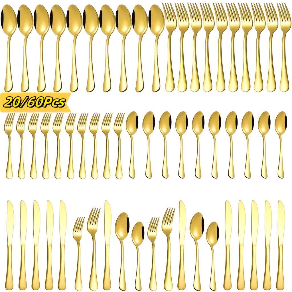 60/20pcs Stainless Steel Golden Silverware Set - Heavy Duty Commercial Silverware for Restaurants, Weddings And Home Dishwasher Safe, Rust-Proof, Non-Toxic Bulk Kitchen Tableware with Gift Box The Best Gifts for Thanksgiving And Christmas