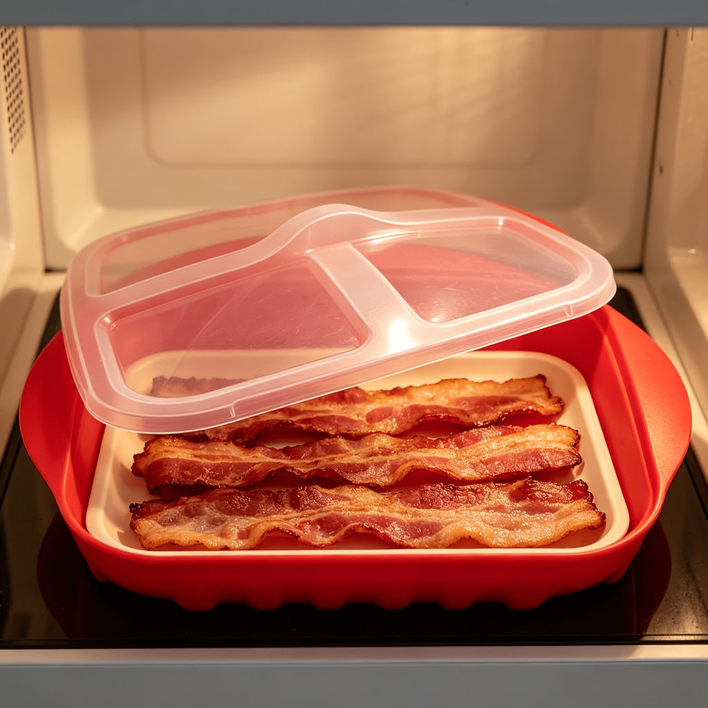 [Microwave Bacon Cooker] Microwave Bacon Cooker Tray with Lid - Non-Slip, Drainage Design for Fatty Bacon & Sauces, Quick Pre-Meal Prep, Dishwasher Safe, Durable PP Material, Perfect for Christmas, Halloween, Easter, Thanksgiving, Kitchen Essentials