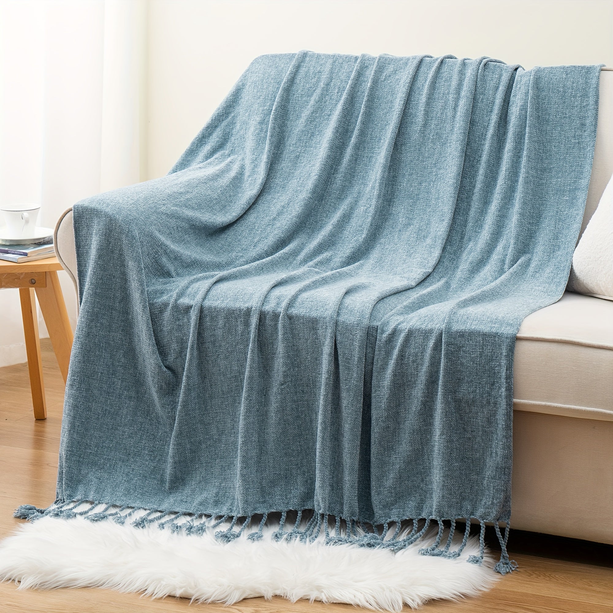 Decorative Fringe Velvety Throw Blanket for Sofa Home Decor, Chenille Throw Blanket for Couch, 50"x60"