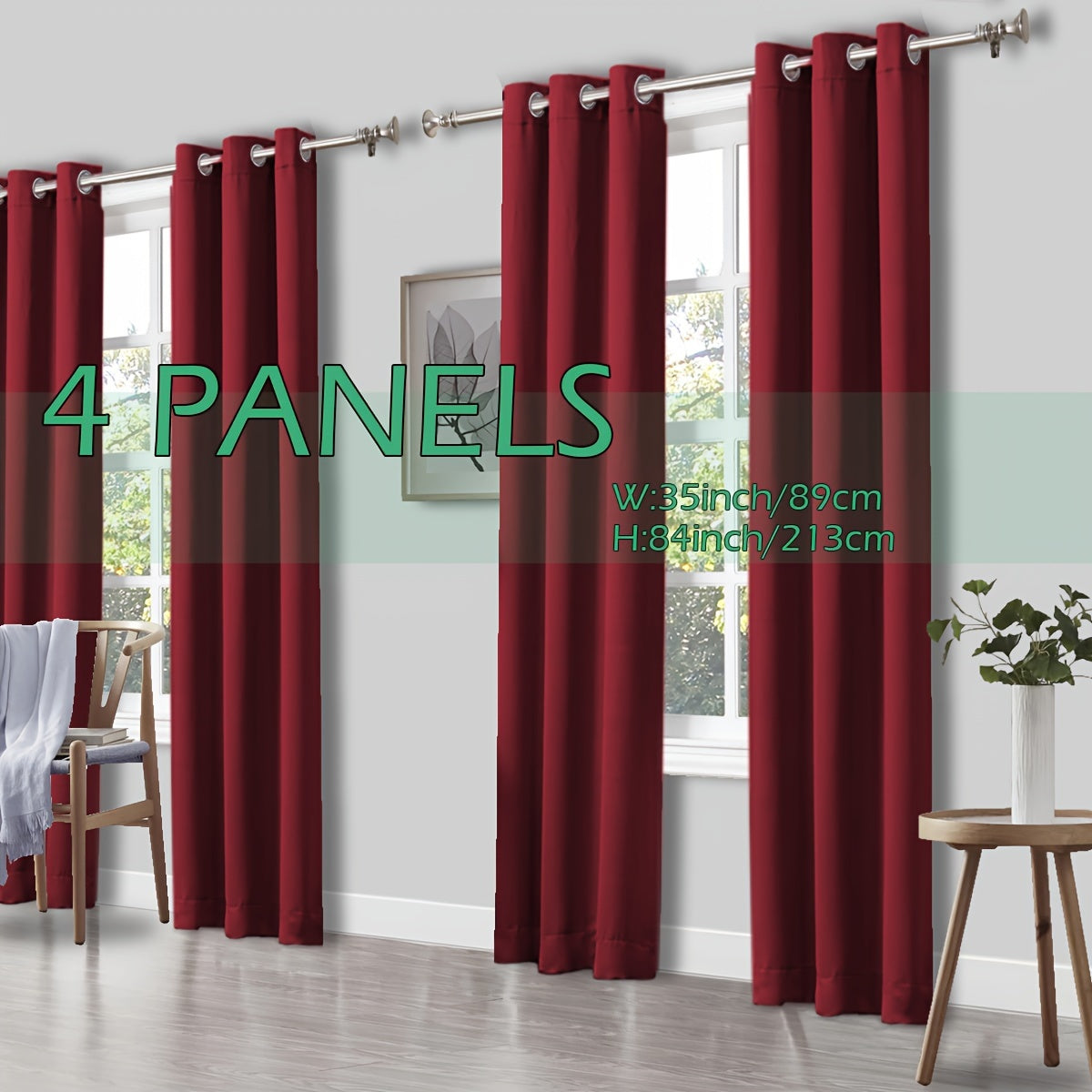 4 Panels Thermal Insulated Blackout Curtains - Triple Weave Thermal Insulation & Light Blocking, Solid Grommet Top, Polyester/ Linen-like Fabric, Deep Red for Bedroom, Living Room, Office - Window Drapes for Complete Darkness & Comf