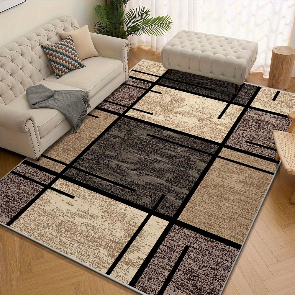 Premium Velvet Area Mat - Machine Washable, Fade-Resistant Polyester Mat for Living Room, Bedroom, Office, and Outdoor Decor - Rectangle, Lightweight, Easy to Clean - 850 GSM, Beige and Brown Geometric Pattern
