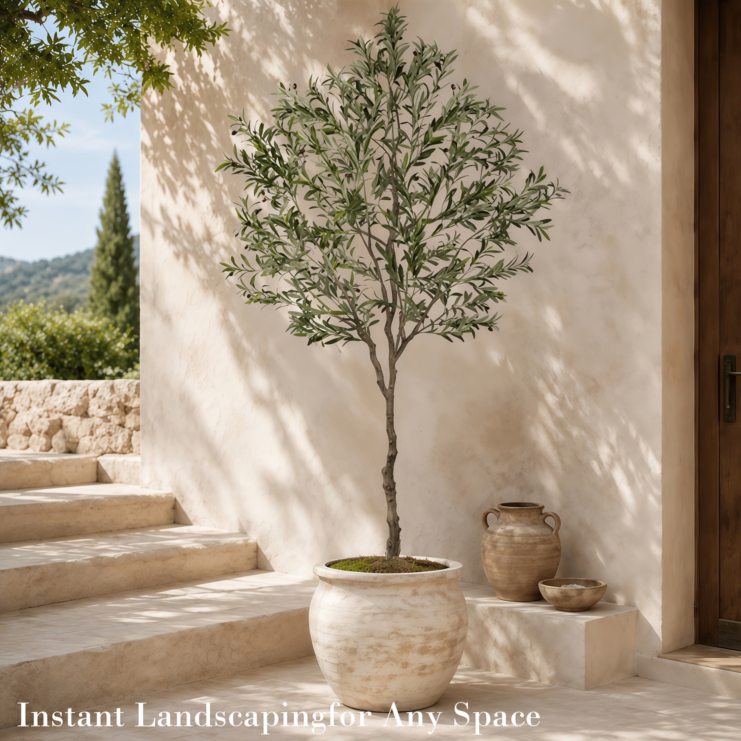 Artificial Olive Tree Indoor 5FT/6FT/7FT/8FT, Potted Tall Faux Olive Tree For Home Office Living Room Bathroom Bedroom Floor Fronted Door Decor, Large Fake Silk Olive Tree Plant With Lifelike Trunk Branch Fruits Leaves Outdoor Decor Accessories