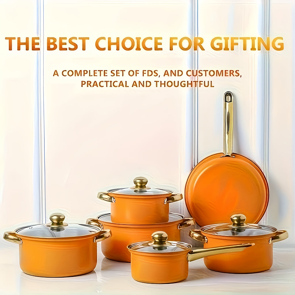 12pcs Thin-Gauge Stainless Steel Cookware Set - Induction Cooker Cooking, Large Pot, Cheese Pot, Dual Handle with Lid, Suitable for Soup, Hot Pot, Pasta, Seafood Soup, Rice Cookware