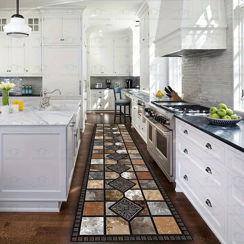 1pc Luxury Crystal Velvet Non-Slip Kitchen Pad-White, Beige And Brown Elegant Marble Pattern, Machine Washable Polyester Mat, Suitable for Kitchen, Bathroom, Bedroom And Corridor Decoration, Kitchen Carpet