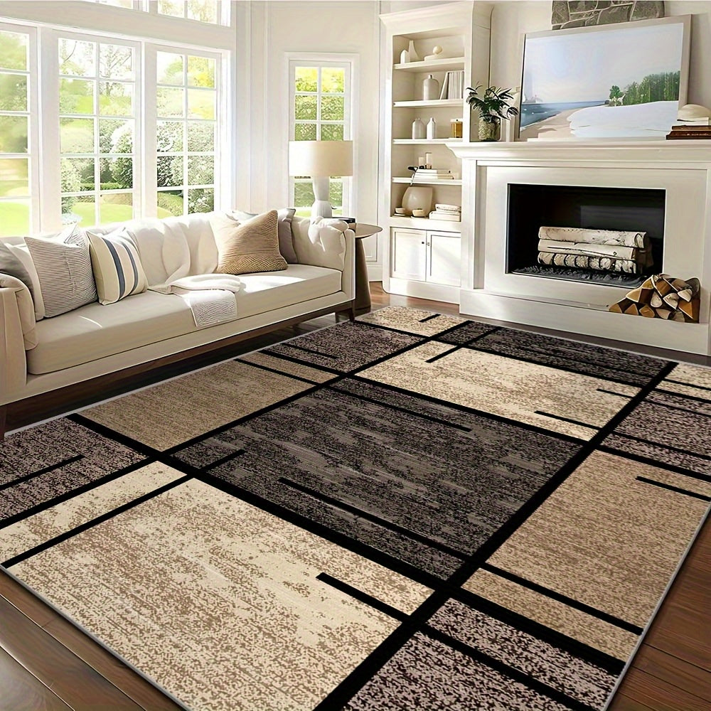 Premium Velvet Area Mat - Machine Washable, Fade-Resistant Polyester Mat for Living Room, Bedroom, Office, and Outdoor Decor - Rectangle, Lightweight, Easy to Clean - 850 GSM, Beige and Brown Geometric Pattern