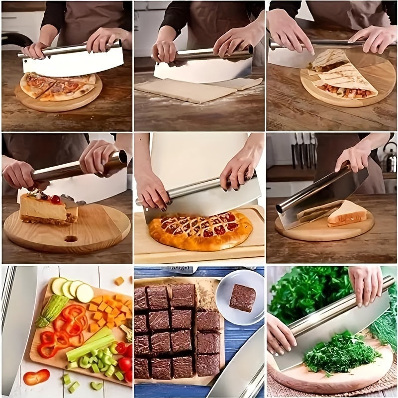 Stainless Steel Pizza Cutter - Half Moon Curved Blade for Effortless Slicing Cheese, Cake & Dough | Includes Knife Cover | Professional Baking Tool