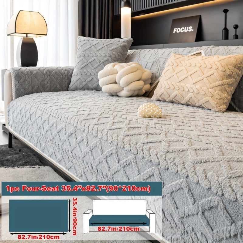 1pc Plush Sofa Mat, Polyester Shu Velveteen Jacquard Knit Fabric Couch Cover, 200-250 g/㎡, Separate Seating Modern Style, Machine Washable Anti-Slip Protection, for Bedroom Office Living Room Home Decoration