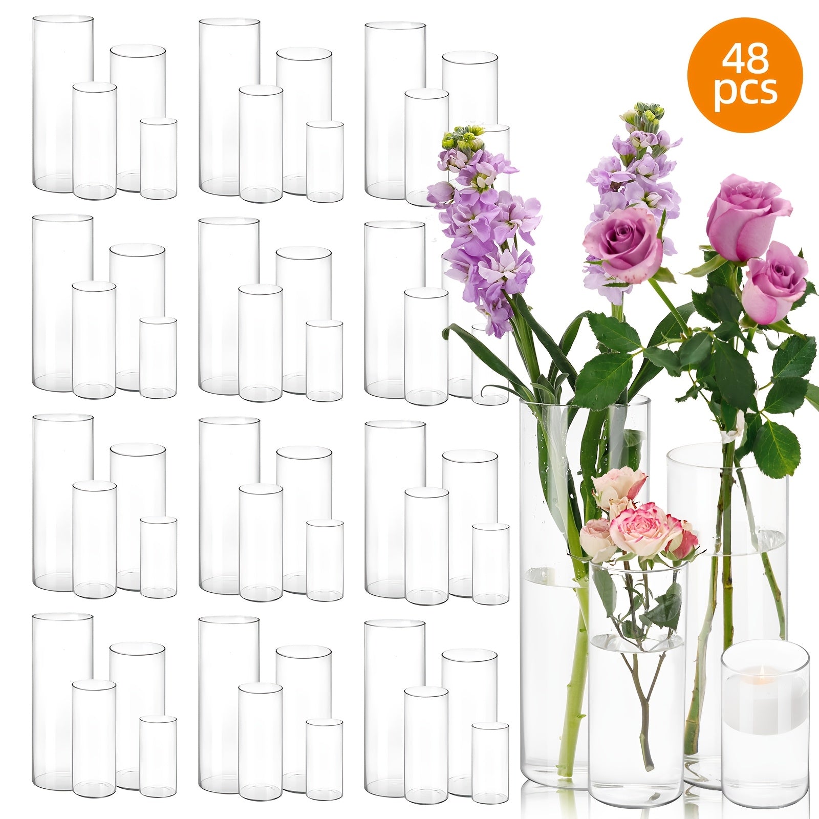 TOMNK 12/16/24/36/48pcs Clear Glass Candle Holder Cylinders Vases, 4, 6, 8, 10 Inch Tall Cylinder Vases for Candles, Glass Candle Vase, Hurricane Floating Candle Holder Vase for Table Shelf, Party, Wedding, Home Decor