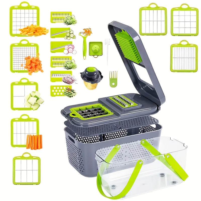 22-in-1 Pro Vegetable Chopper: Multifunctional Food Slice Crusher Dicer Cutter with 14Blades, with Grey Vegetable Drain Basket, Convenient for Cutting Food In The Kitchen And Storing Food In The Refrigerator