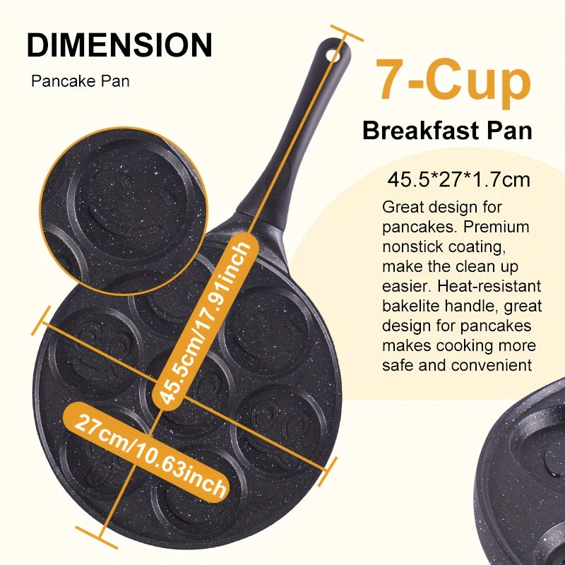 7-Hole Non-Stick Pancake & Crepe Maker with Detachable Handle - Gas Stove Compatible, Oven & Dishwasher Safe Aluminum Breakfast Pan, Even Heat Distribution for Perfect Pancakes, Crepes, Waffles - Black, Pancake Maker for Stove Top, Waffle Cooking, Fun Kit