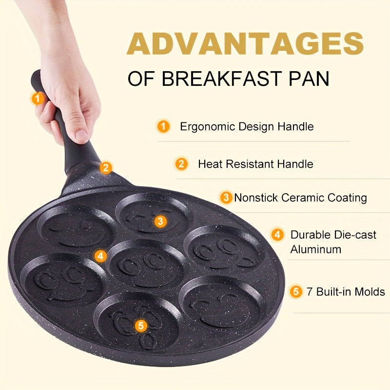 7-Hole Non-Stick Pancake & Crepe Maker with Detachable Handle - Gas Stove Compatible, Oven & Dishwasher Safe Aluminum Breakfast Pan, Even Heat Distribution for Perfect Pancakes, Crepes, Waffles - Black, Pancake Maker for Stove Top, Waffle Cooking, Fun Kit