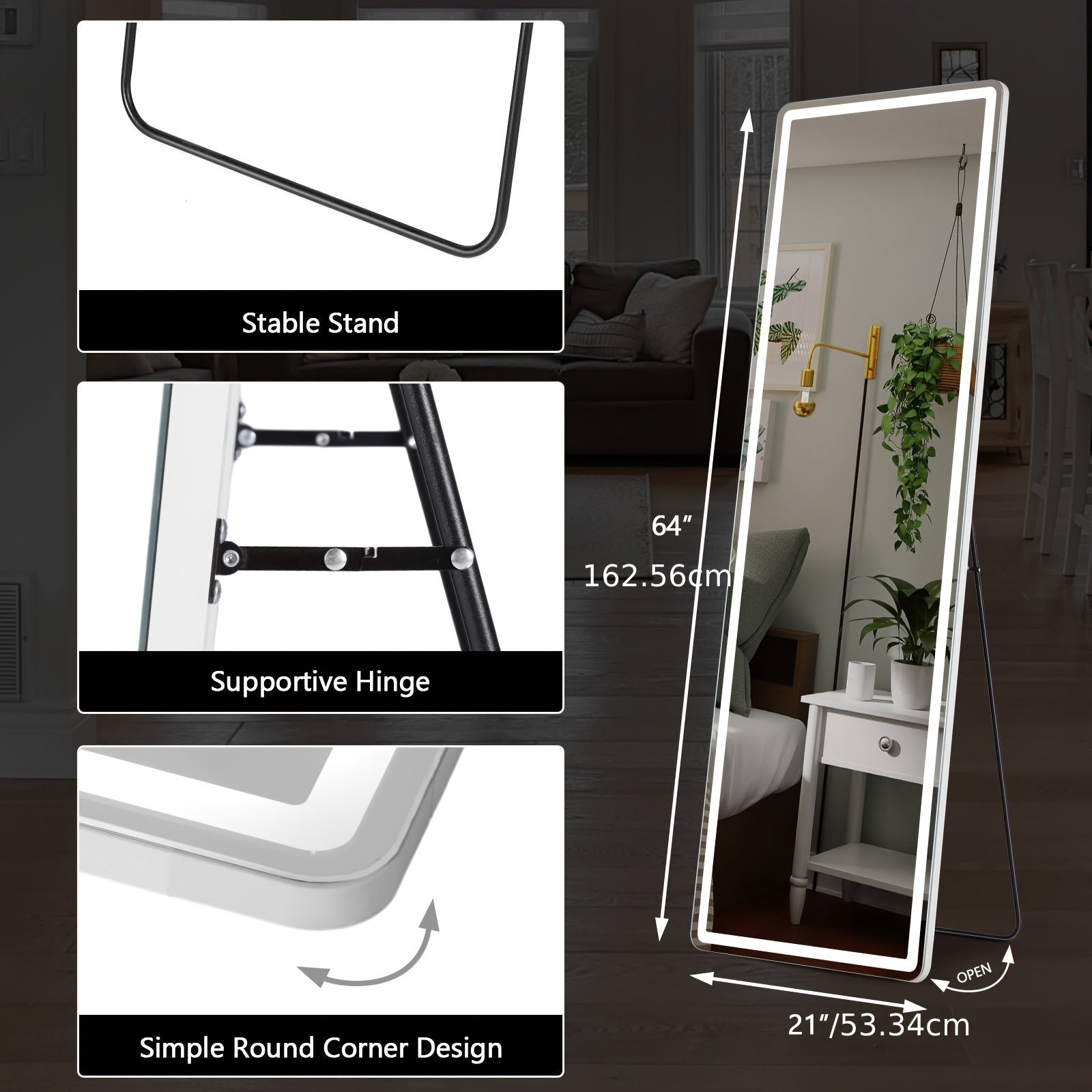 LED Lighted/Not-LED Lighted Full-Length Mirror with Arched/Rect Top - Aluminum Frame Floor-Standing Dressing Mirror for Bedroom & Living Room, Black/Golden/White