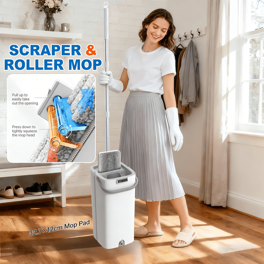 Hands-free Flat Mop And Bucket Set With 5 Mops - Suitable For Bedrooms, Kitchens, Living Rooms, Bathrooms - Made Of Durable Plastic - Efficient Cleaning Solution With Bathroom Storage Function
