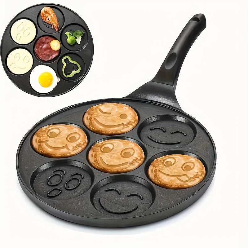 7-Hole Non-Stick Pancake & Crepe Maker with Detachable Handle - Gas Stove Compatible, Oven & Dishwasher Safe Aluminum Breakfast Pan, Even Heat Distribution for Perfect Pancakes, Crepes, Waffles - Black, Pancake Maker for Stove Top, Waffle Cooking, Fun Kit