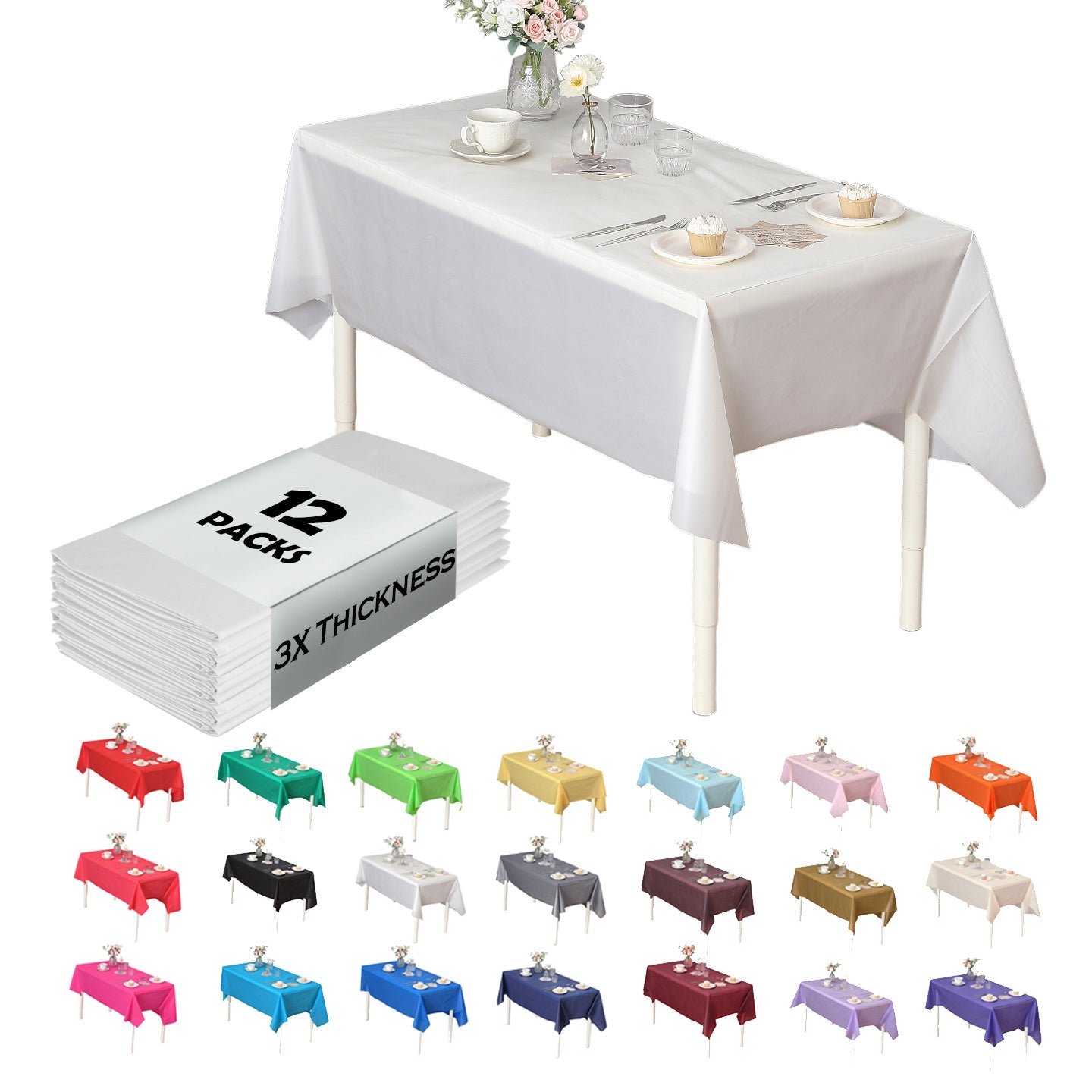 Heavy Duty Premium 12pcs Plastic Tablecloth, Disposable Tablecloth, Plastic Table Cover for Kitchen, Dinning Uses.