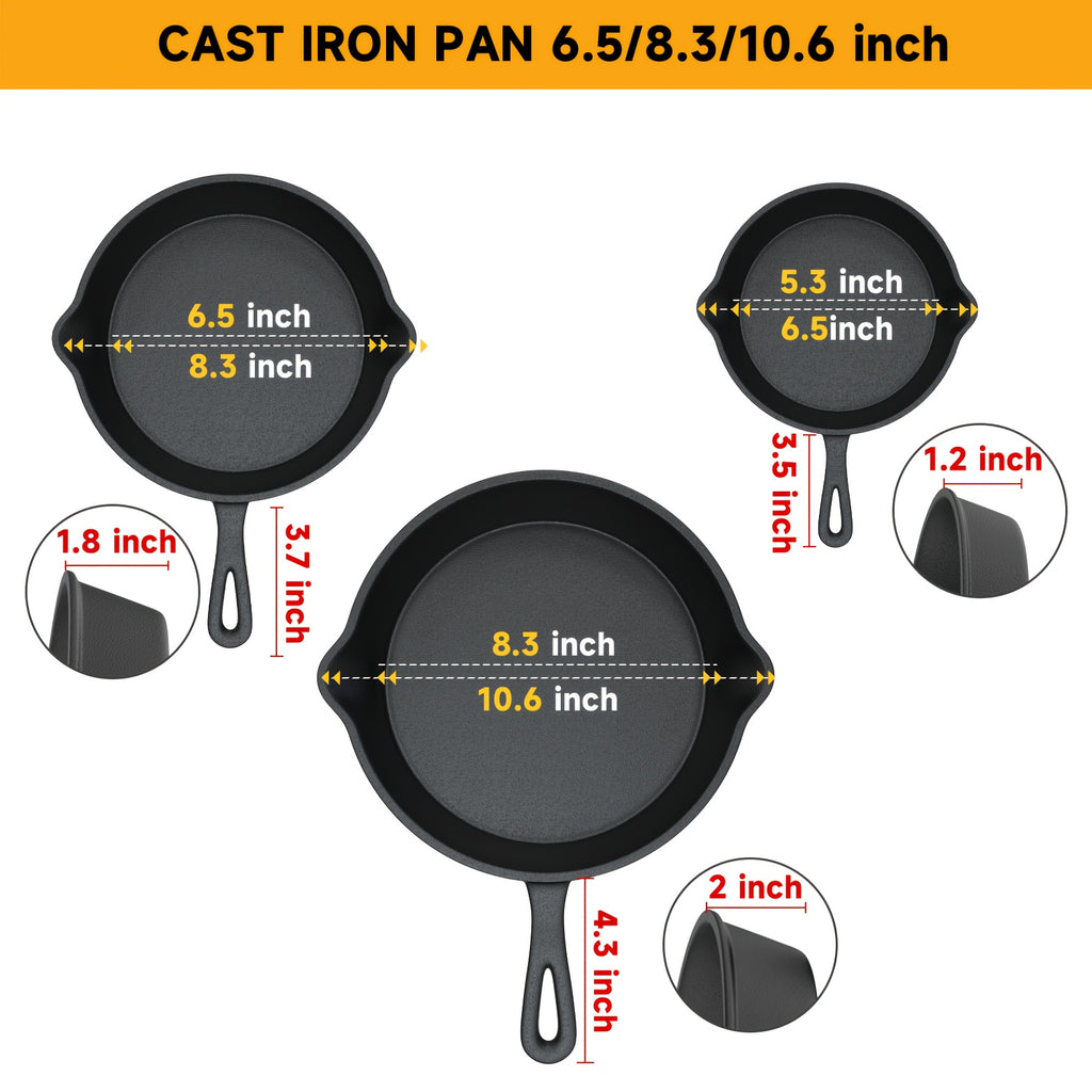 Cast Iron Skillet 3pcs Set, Heavy-Duty Pre-Seasoned Cookware For Superior Heat Retention, Multi-Functional With Ergonomic Handles, 6 Inch 8 Inch 10 Inch Frying Pans For Indoor And Outdoor Cooking