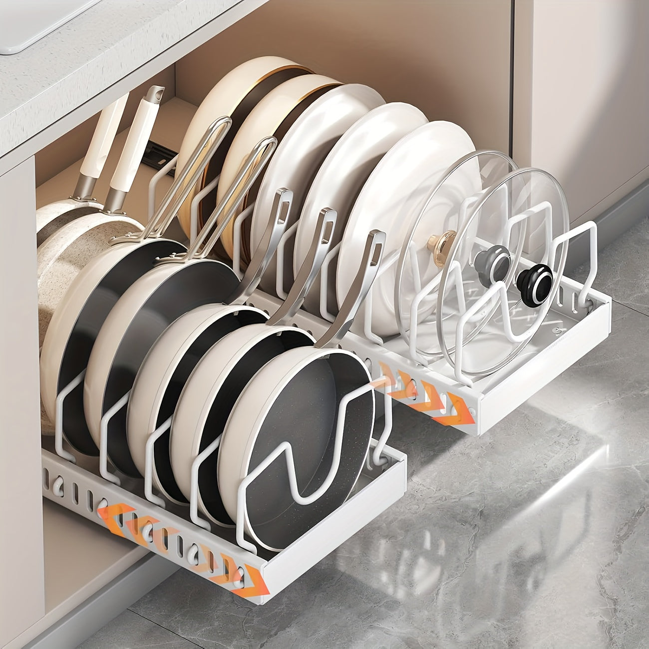 1/2pcs Pull-Out Pot And Pan Storage Box For Cabinets, Kitchen Sliding Lid Rack And Pan Holder, Cabinet Sliding Storage Box For Storing Lids, Baking Tools, And Plates, 8/16 Adjustable Dividers, Kitchen Decor And Accessories.