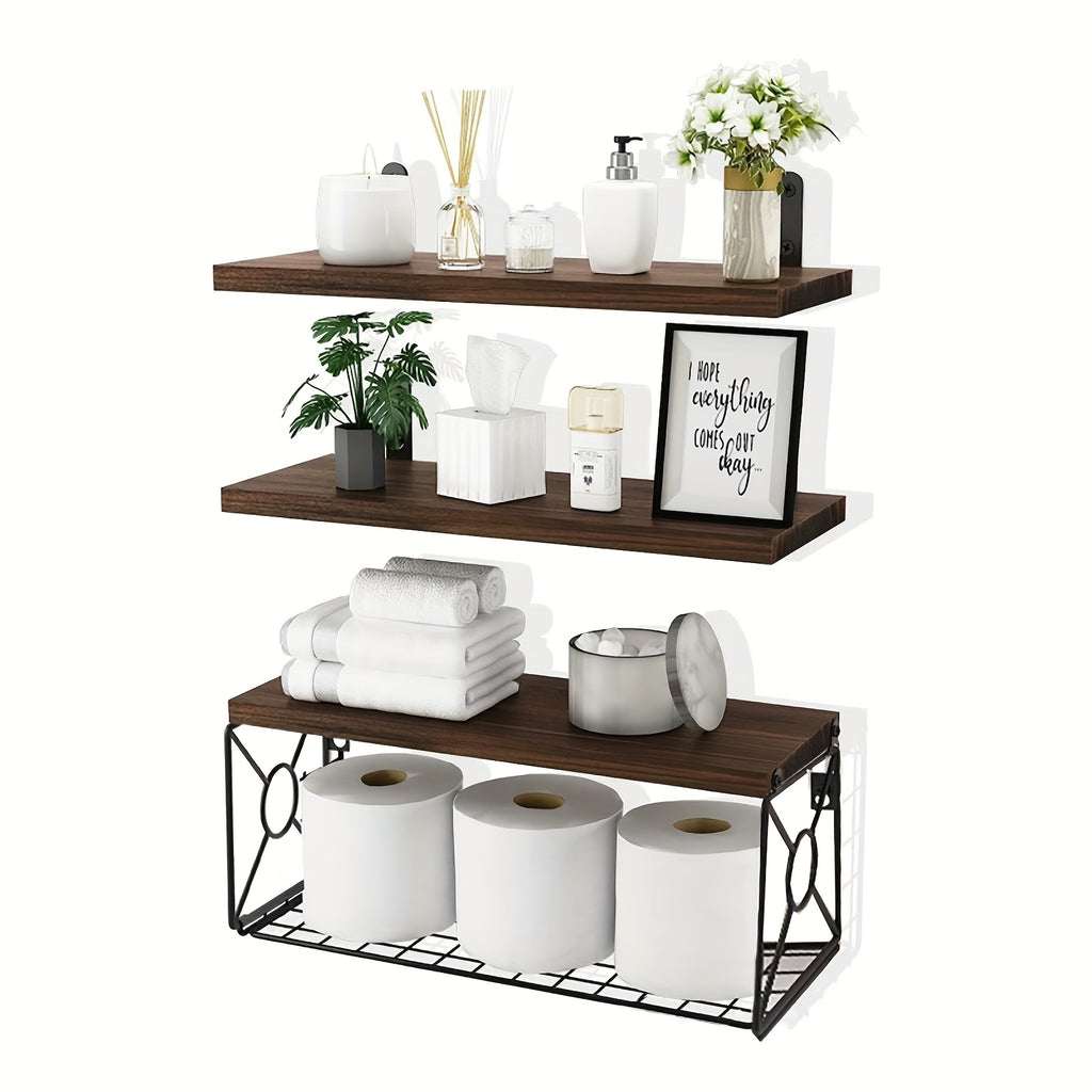 3pcs Wall Mounted Floating Shelves Over Toilet | Small Farmhouse Decor Shelf for Toilet Paper Storage, Unfinished Wood End, Black and Brown