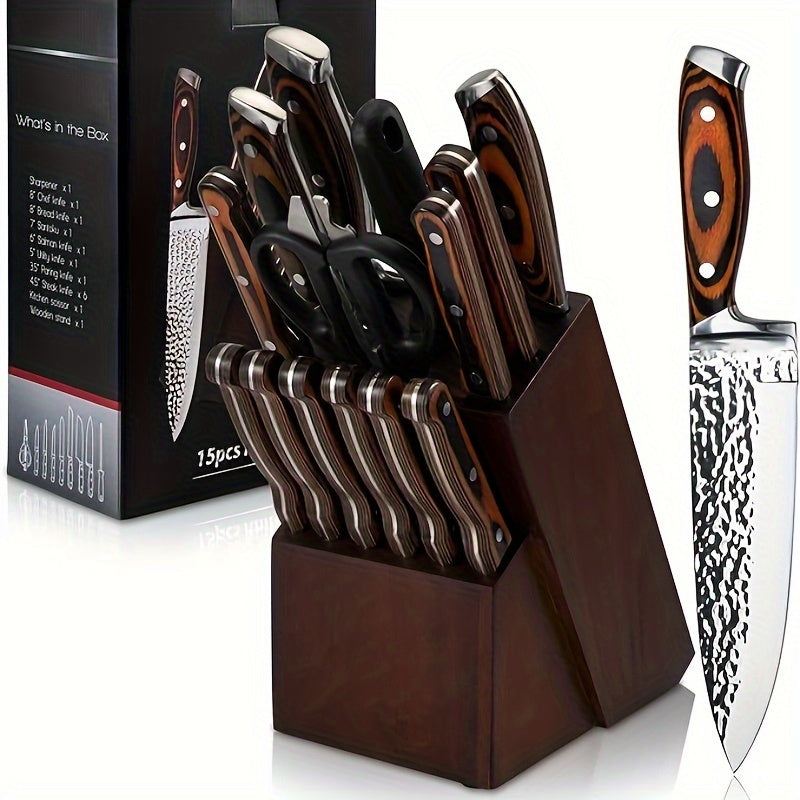 Kitchen Knife Set, 15pcs Knife Set With Block Wooden, Self Sharpening For Chef Knife Set, Medium Carbon Stainless Steel Hammered Knife Block Set With Steak Knives, Knives For Men, Boxed Knife Sets For Kitchen, For Family Gift, Local Warehouse