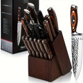 Kitchen Knife Set, 15pcs Knife Set With Block Wooden, Self Sharpening For Chef Knife Set, Medium Carbon Stainless Steel Hammered Knife Block Set With Steak Knives, Knives For Men, Boxed Knife Sets For Kitchen, For Family Gift, Local Warehouse