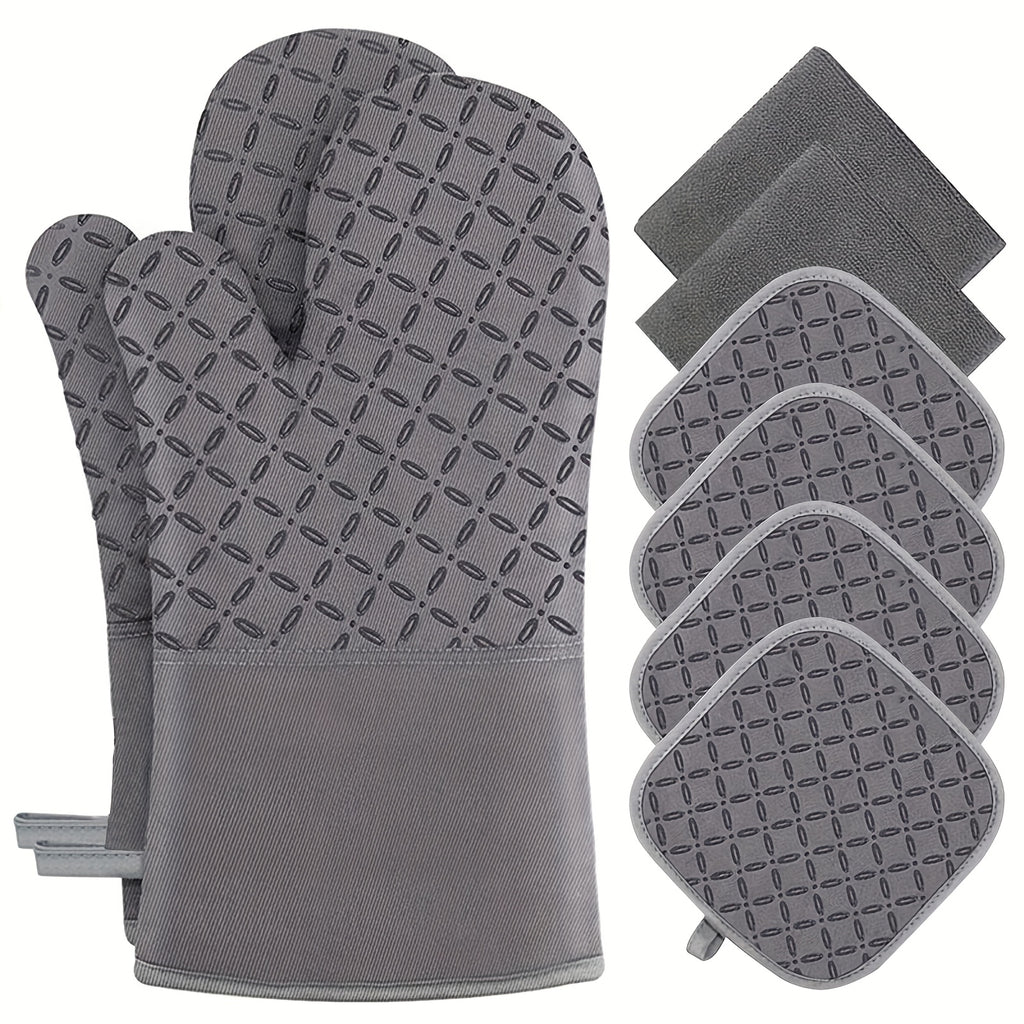 8/4 Set Of Gray Oven Mitts And Pot Holders, Insulated, Extra Long, High Temperature Resistant, Dish Cloth + Pot Holders, Non-slip Silicone Surface, Can Be Used for Cooking, Baking, Grilling Or Outdoor BBQ, Oven Mitts, Must-Have for Mother's Day