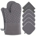 8/4 Set Of Gray Oven Mitts And Pot Holders, Insulated, Extra Long, High Temperature Resistant, Dish Cloth + Pot Holders, Non-slip Silicone Surface, Can Be Used for Cooking, Baking, Grilling Or Outdoor BBQ, Oven Mitts, Must-Have for Mother's Day