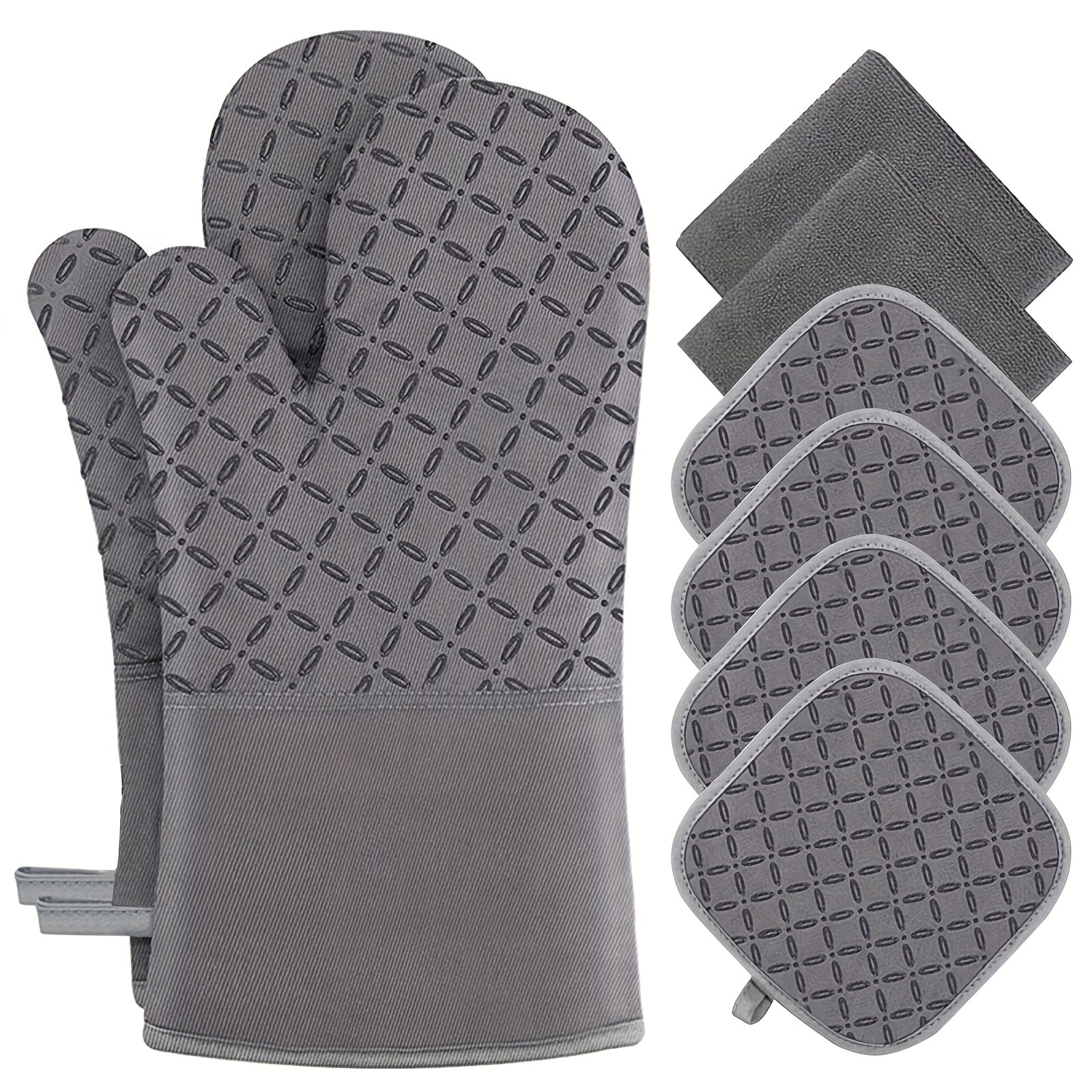 8/4 Set Of Gray Oven Mitts And Pot Holders, Insulated, Extra Long, High Temperature Resistant, Dish Cloth + Pot Holders, Non-slip Silicone Surface, Can Be Used for Cooking, Baking, Grilling Or Outdoor BBQ, Oven Mitts, Must-Have for Mother's Day