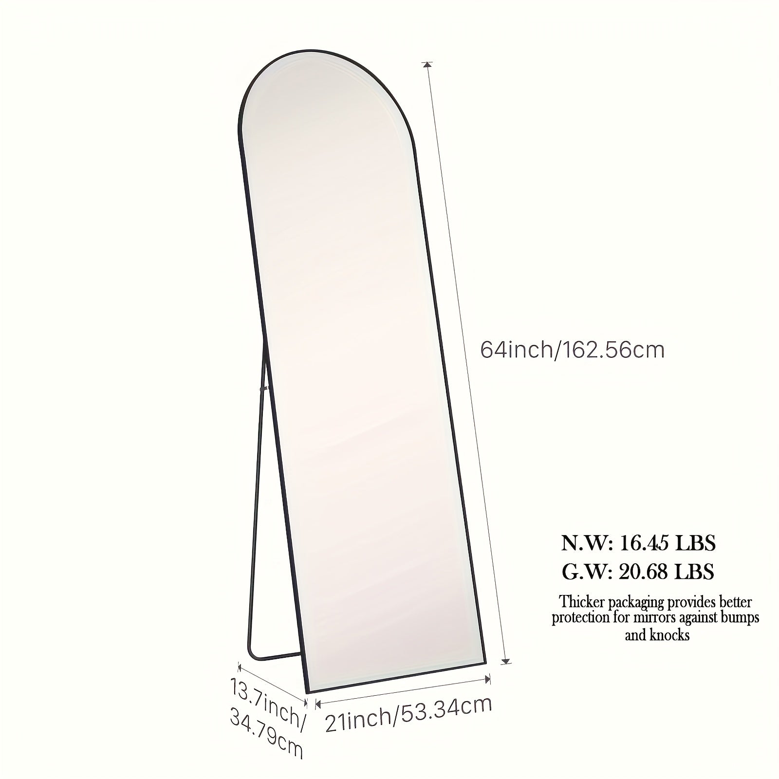 Arched Full Length 64" X 21"/ 59"x16"Mirror With Stand, Floor Mirror With Aluminum Alloy Frame For Bedroom, Standing Full Body Mirror With Shatter-Proof Nano Glass For Wall, Living Room, Cloakroom