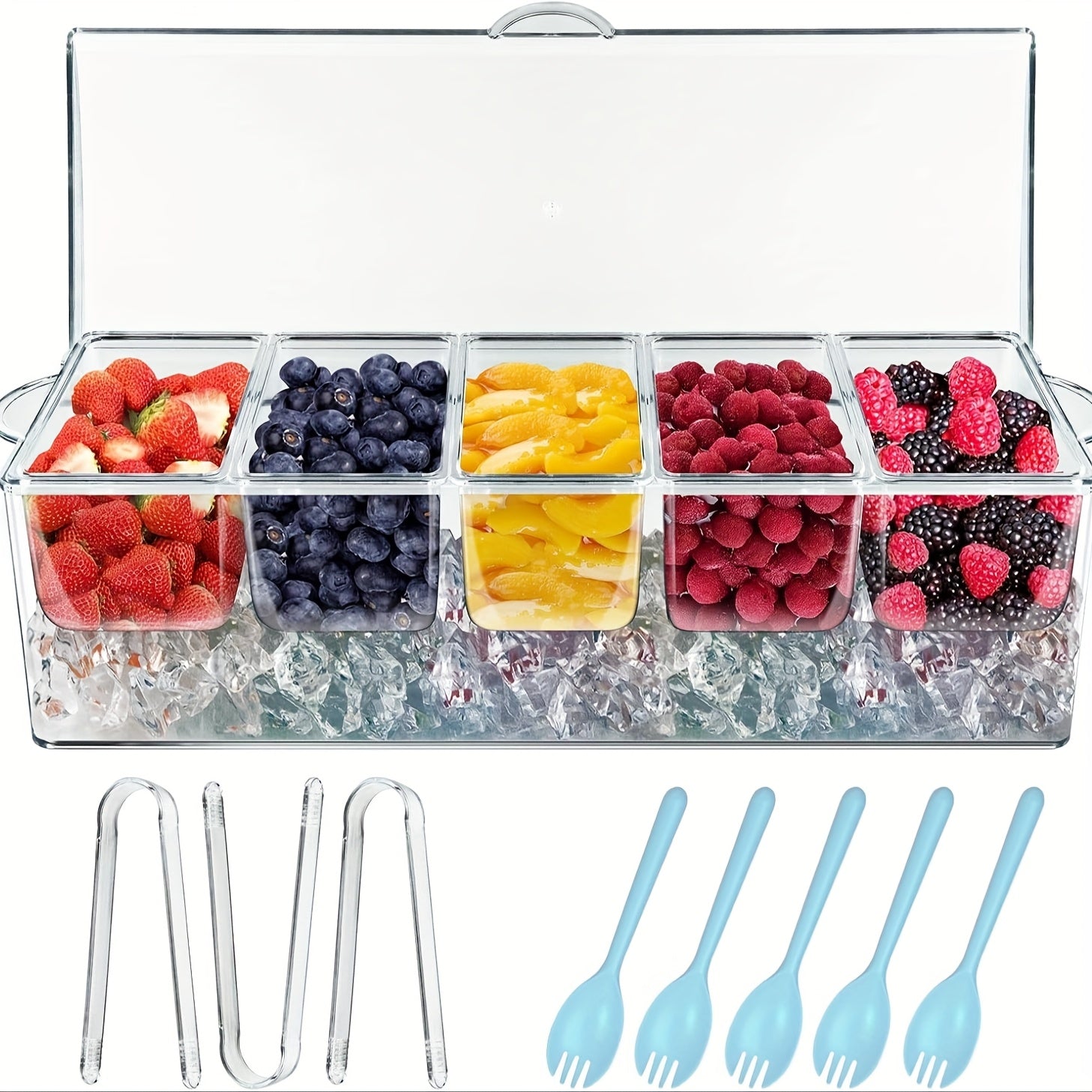 Chilled Condiment Server Tray, Bar Fruit Caddy with Lid And 5 Removable Compartments, Clear Ice Condiment Serving Tray for Party, Toppings Bar Container, Garnish