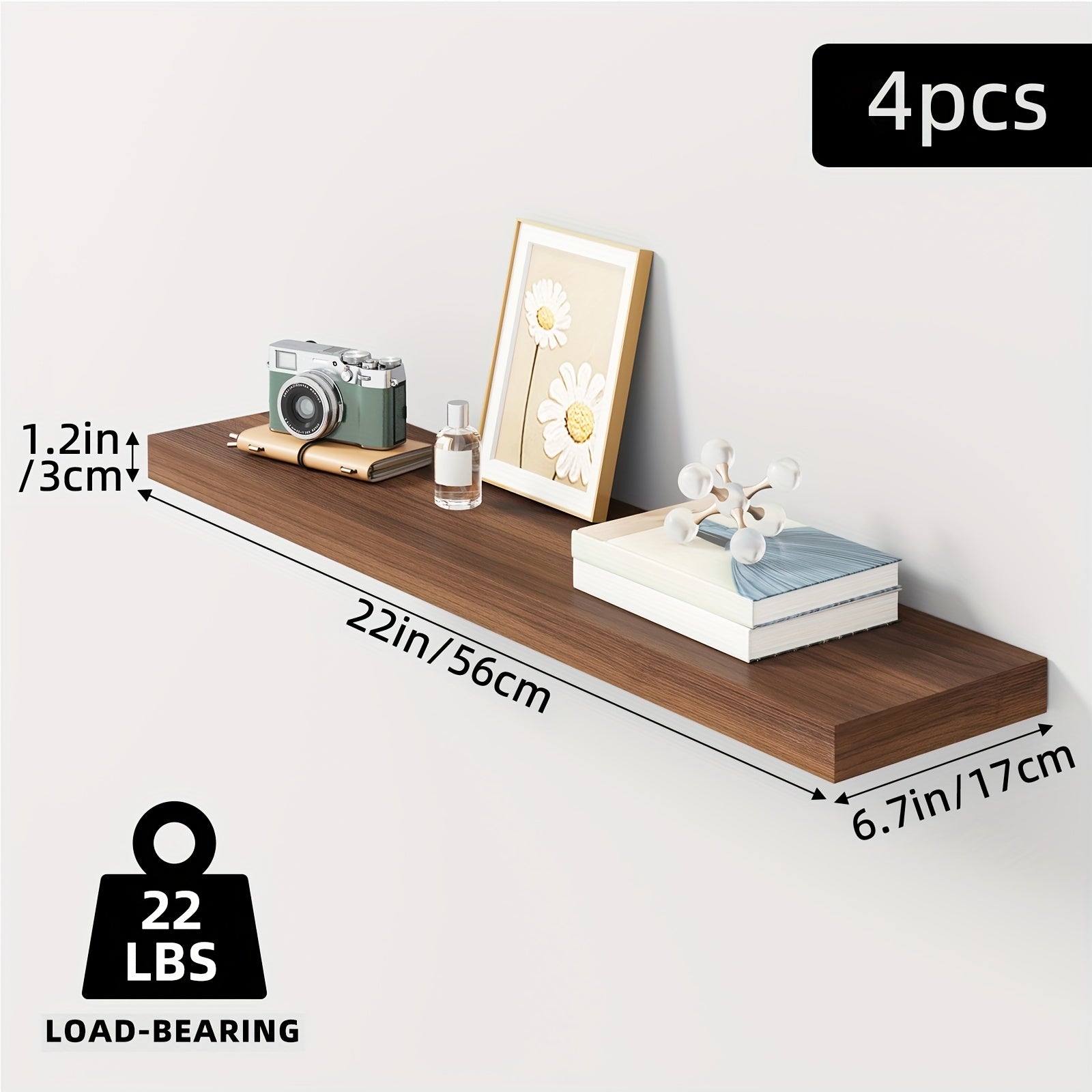 TOMNK Floating Shelves, 4pcs, 56cm/22in, Wall Shelves For Bathroom/Living Room/Bedroom/Kitchen Decor, Shelves With Invisible Brackets Set (Walnut/Light Brown/White/White Oak/Black)