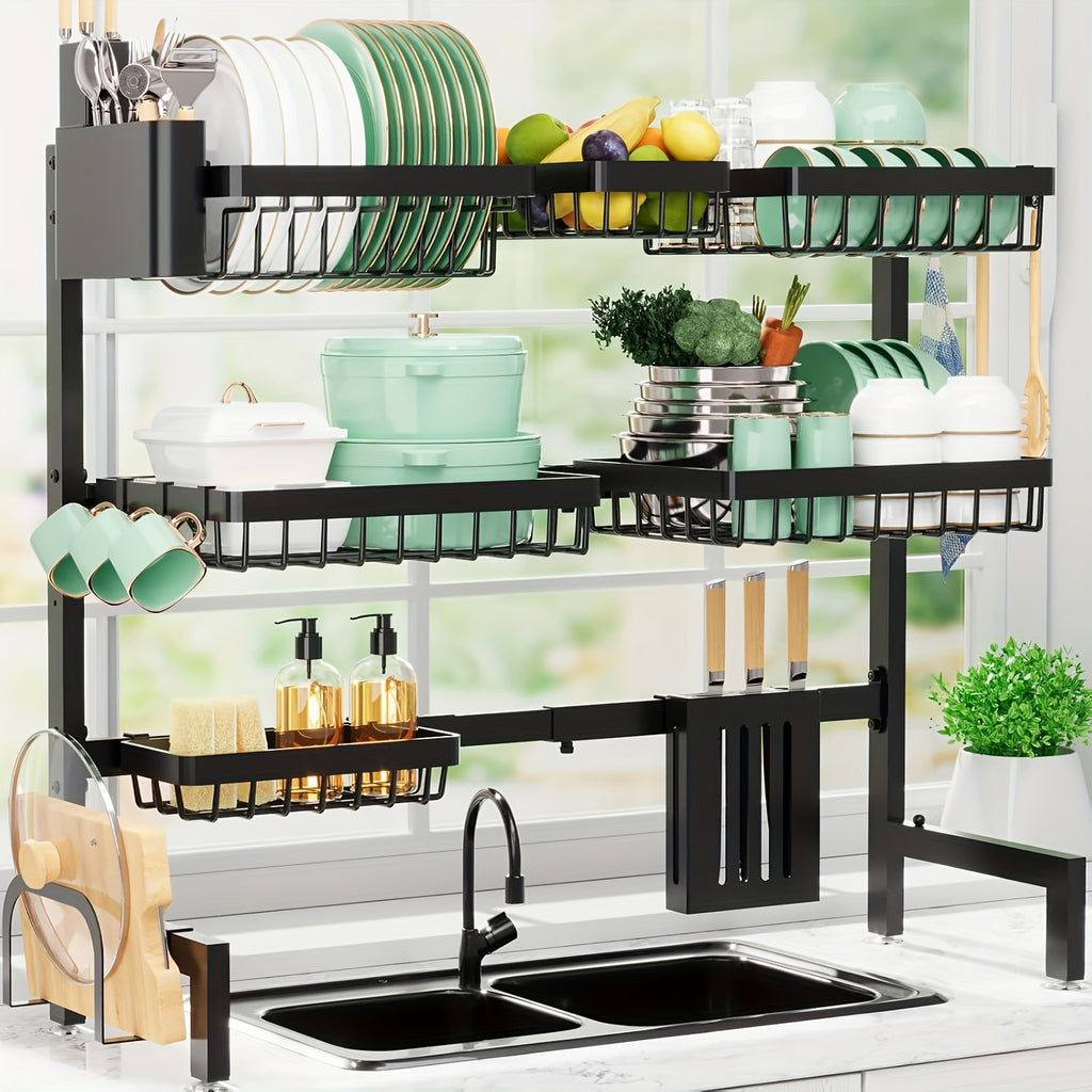 Black Friday Christmas Special! 3-Tier Over Sink Dish Drying Rack - Adjustable Expandable Kitchen Organizer with Baskets, Carbon Steel & Plastic, Black | Space-Saving Drainer | Escurridor De Platos