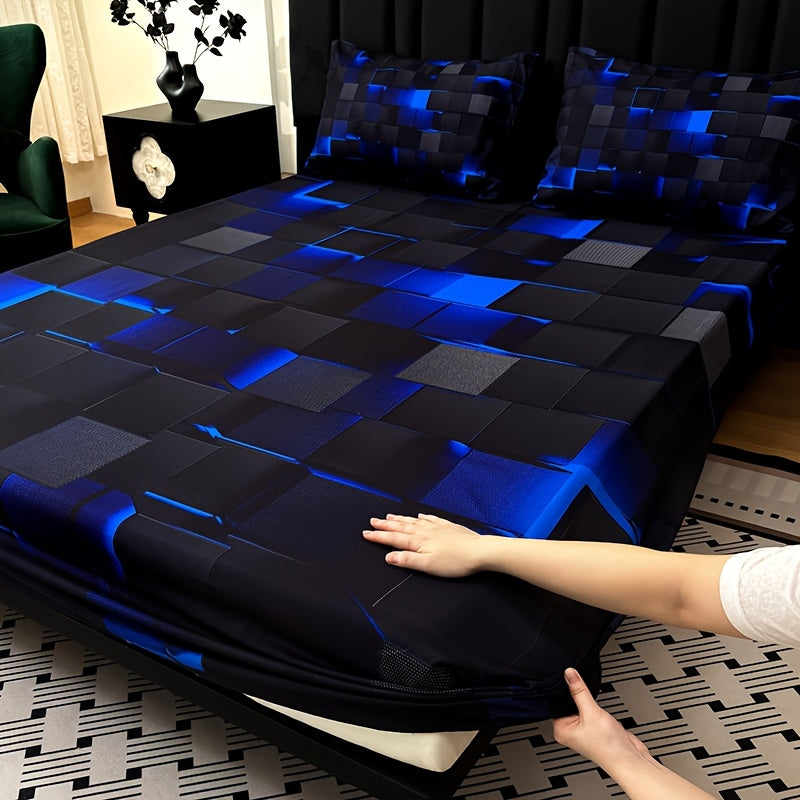 2D Flat 3pcs Cool Technology Digital Printing Material Plaid Fitted Sheet(1pc Bed Sheet+2pcs Pillowcase No Filling) Deep Pocket In 15 Inch, At Home Dormitory Suitable for All Seasons Mattress Protector