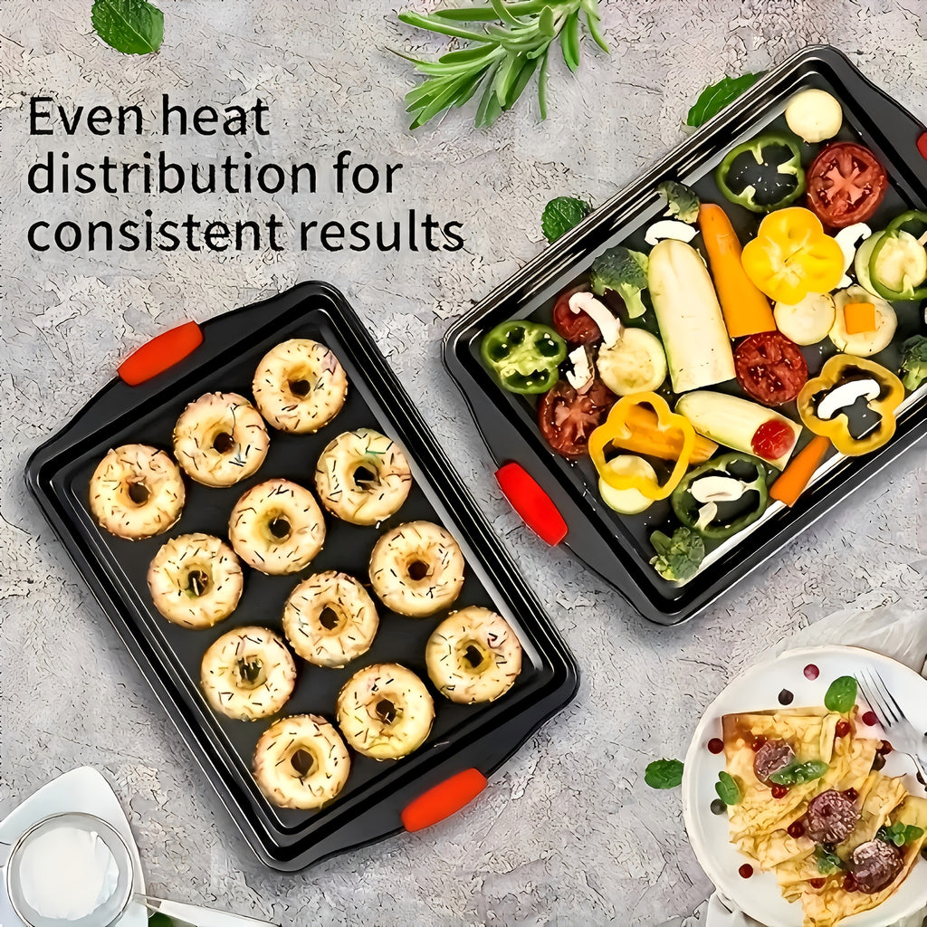 3pcs Carbon Steel Non-Stick Baking Pan | Oven & Toaster Accessories, Commercial Restaurant Grade, Double-Sided Non-Stick Coating, Luxurious & Stylish Design With Red Silicone Handle - Oven Safe Kitchen Accessories, Professional Kitchenware