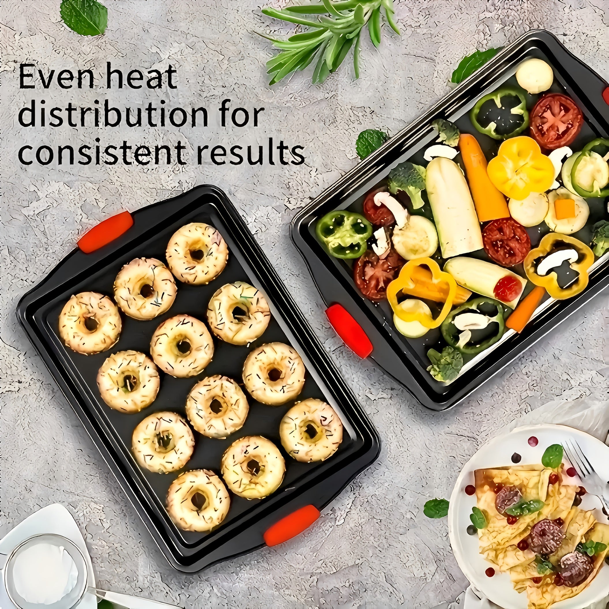 3pcs Carbon Steel Non-Stick Baking Pan | Oven & Toaster Accessories, Commercial Restaurant Grade, Double-Sided Non-Stick Coating, Luxurious & Stylish Design With Red Silicone Handle - Oven Safe Kitchen Accessories, Professional Kitchenware
