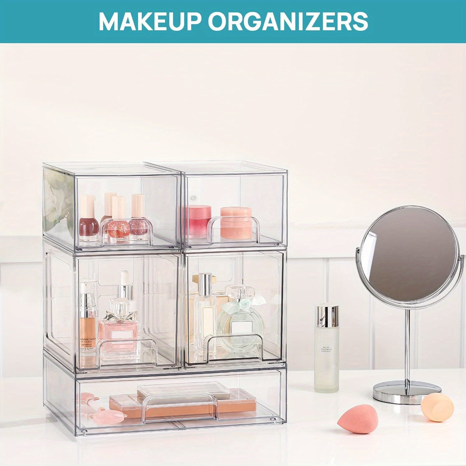 Stackable Storage Drawers 4 Pack Clear Acrylic Makeup Organizer for Bathroom Vanity Countertop BPA-Free Plastic Storage Bins Perfume Skincare Organizer