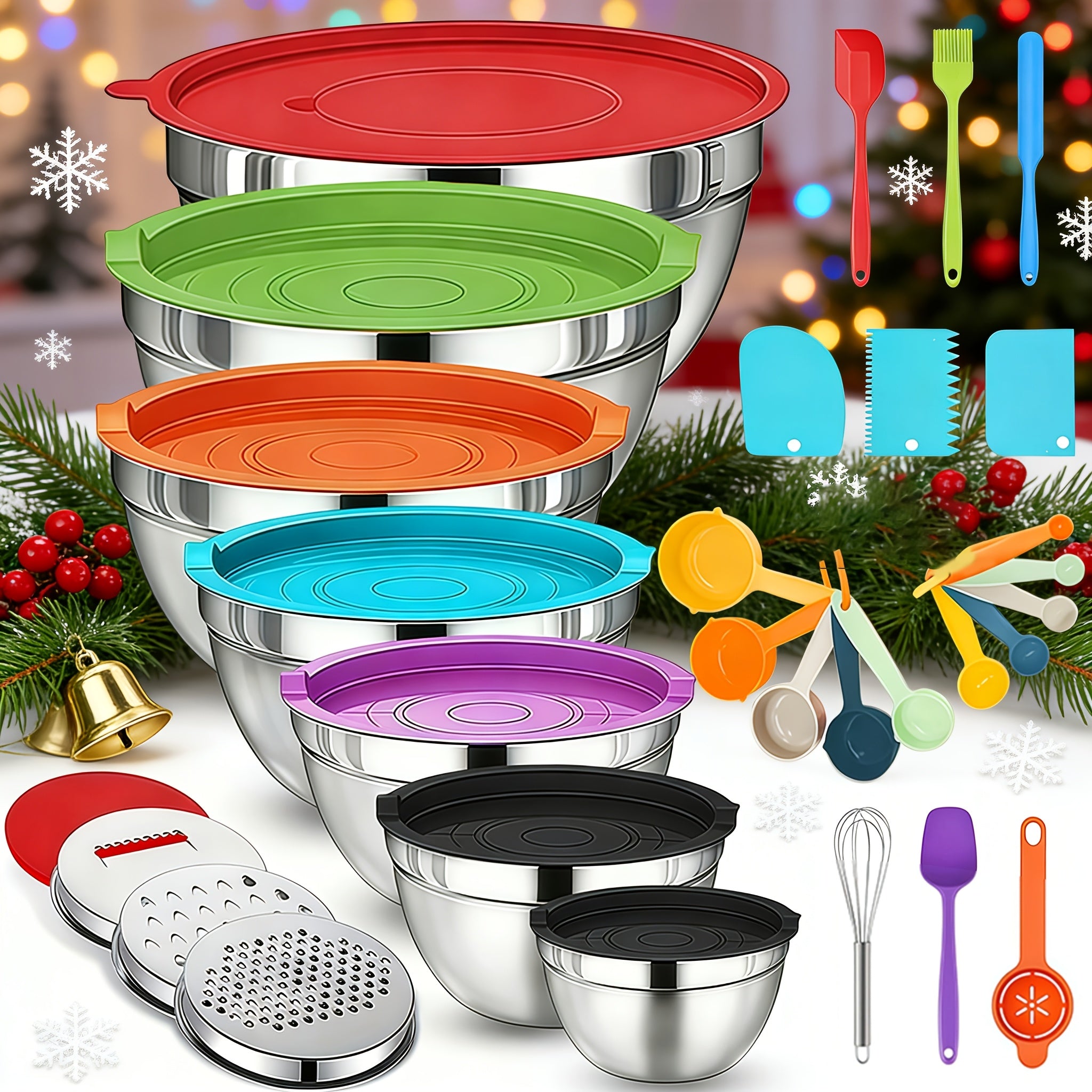 30pcs Stainless Steel Mixing Bowls with Airtight Lids - 7 Bowls & Lids + 23 Kitchen Tools, Grater Attachments, Size 4.5, 3.6, 2.7, 2.1, 1.7, 1.1, 0.7QT, Great for Mixing & Serving, Christmas, New Year, Mother Gift