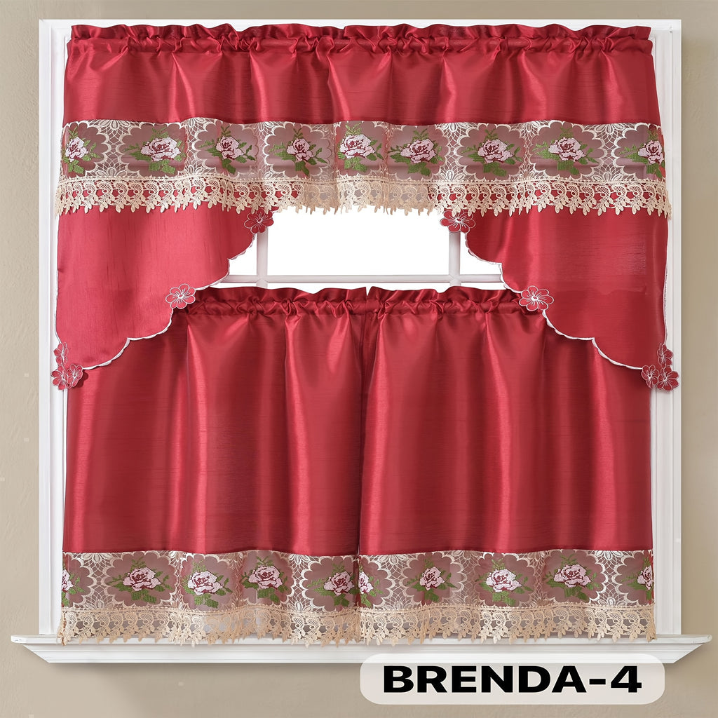 3pcs Embroidery Kitchen Curtains Set Flowers Embroidery Satin Fabric Faux Lightweight Soft Easy Care Machine Washable 49 Design Styles Available Holiday Gifts for Family Local Warehouse All Season Use Summer