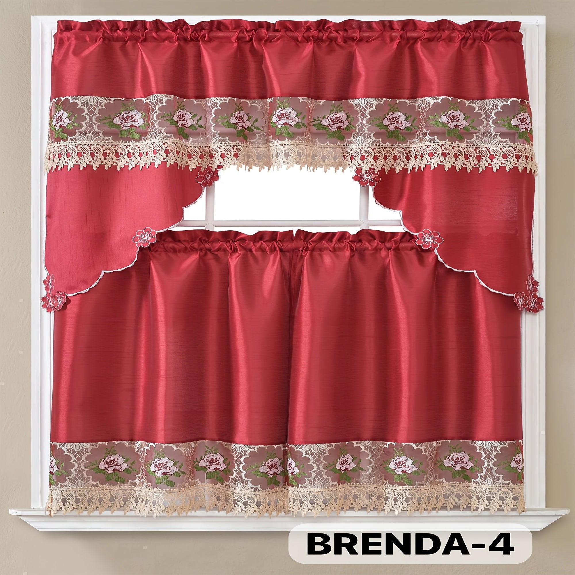 3pcs Embroidery Kitchen Curtains Set Flowers Embroidery Satin Fabric Faux Lightweight Soft Easy Care Machine Washable 49 Design Styles Available Holiday Gifts for Family Local Warehouse All Season Use Summer