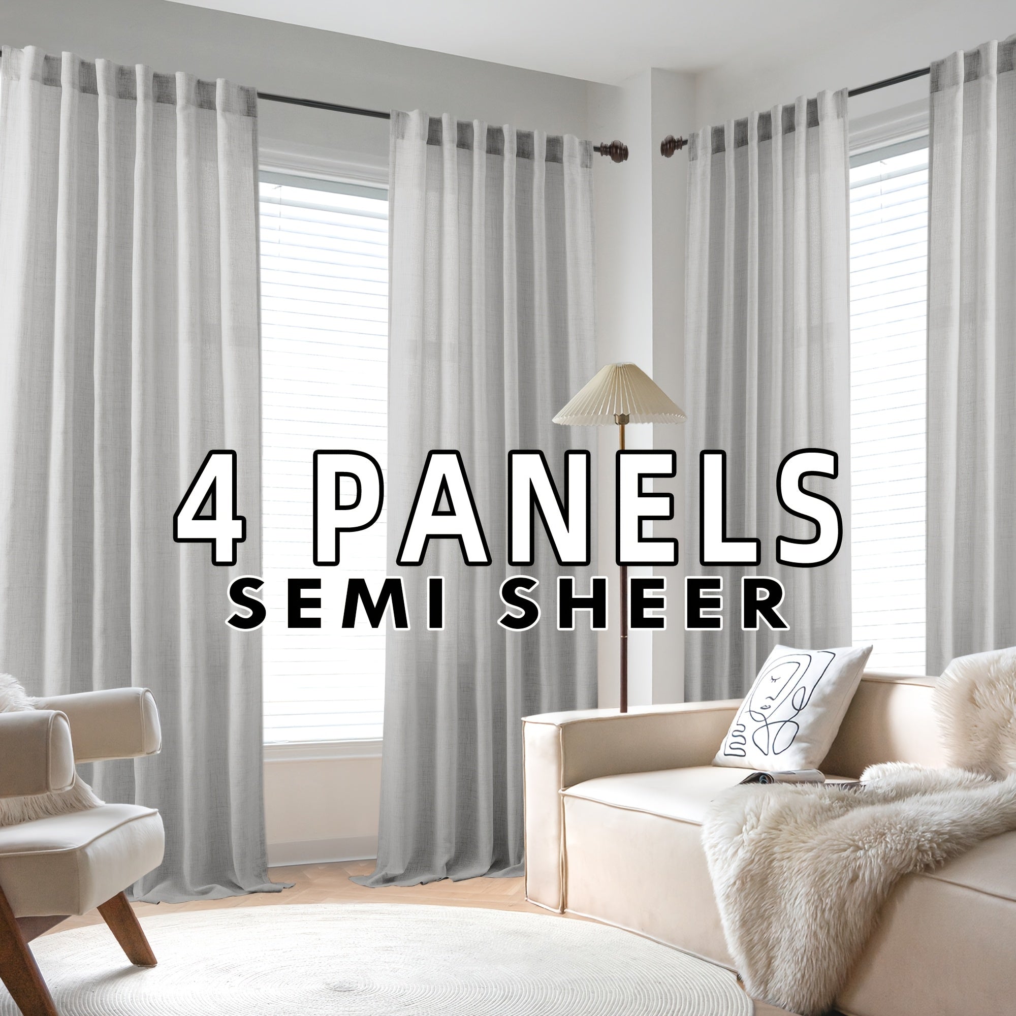 4 Panels Natural Linen Curtains for Living Room Semi Sheer Farmhouse Real Flax Rod Pocket Back Tab Boho Rustic Light Filtering Window Drapes for Bedroom Privacy Assured