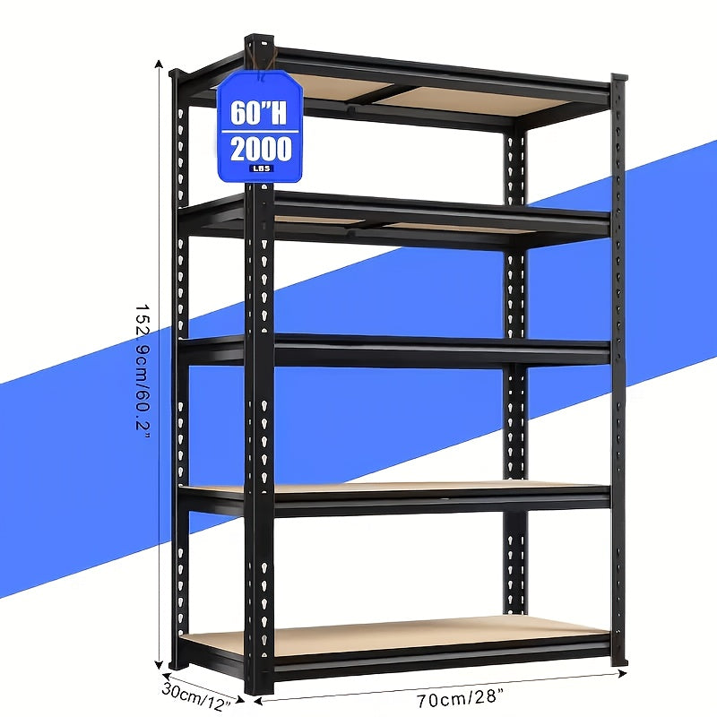 60/72in 1/2pcs Heavy-Duty Metal Shelving Unit 5-Tier 2000 Capacity, Adjustable for garage Storage Rack With Easy Assembly, Black Powder-Coated Frame &, Ideal For Garage, Basement, Pantry, Utility Shelves, for garage Shelving