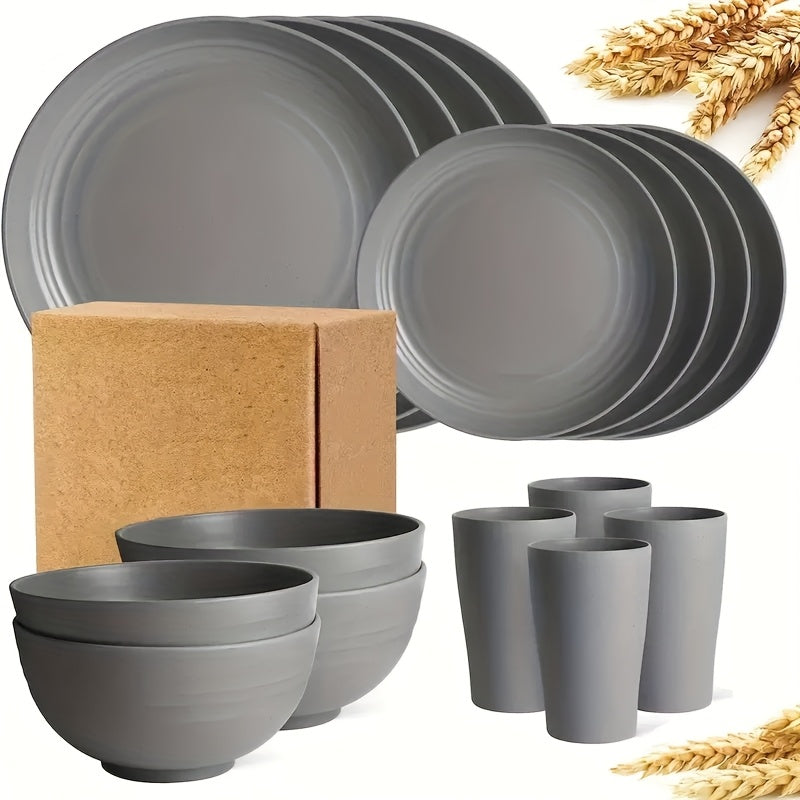 16pcs Dinnerware Set Made from Wheat Straw, Featuring Large Plates, Dessert Plates, Bowls, And Cups. This Modern, Unbreakable Dish Set Is Safe for Both Dishwashers And Microwaves, Lightweight for Easy Handling, Ideal for Camping And Daily Use