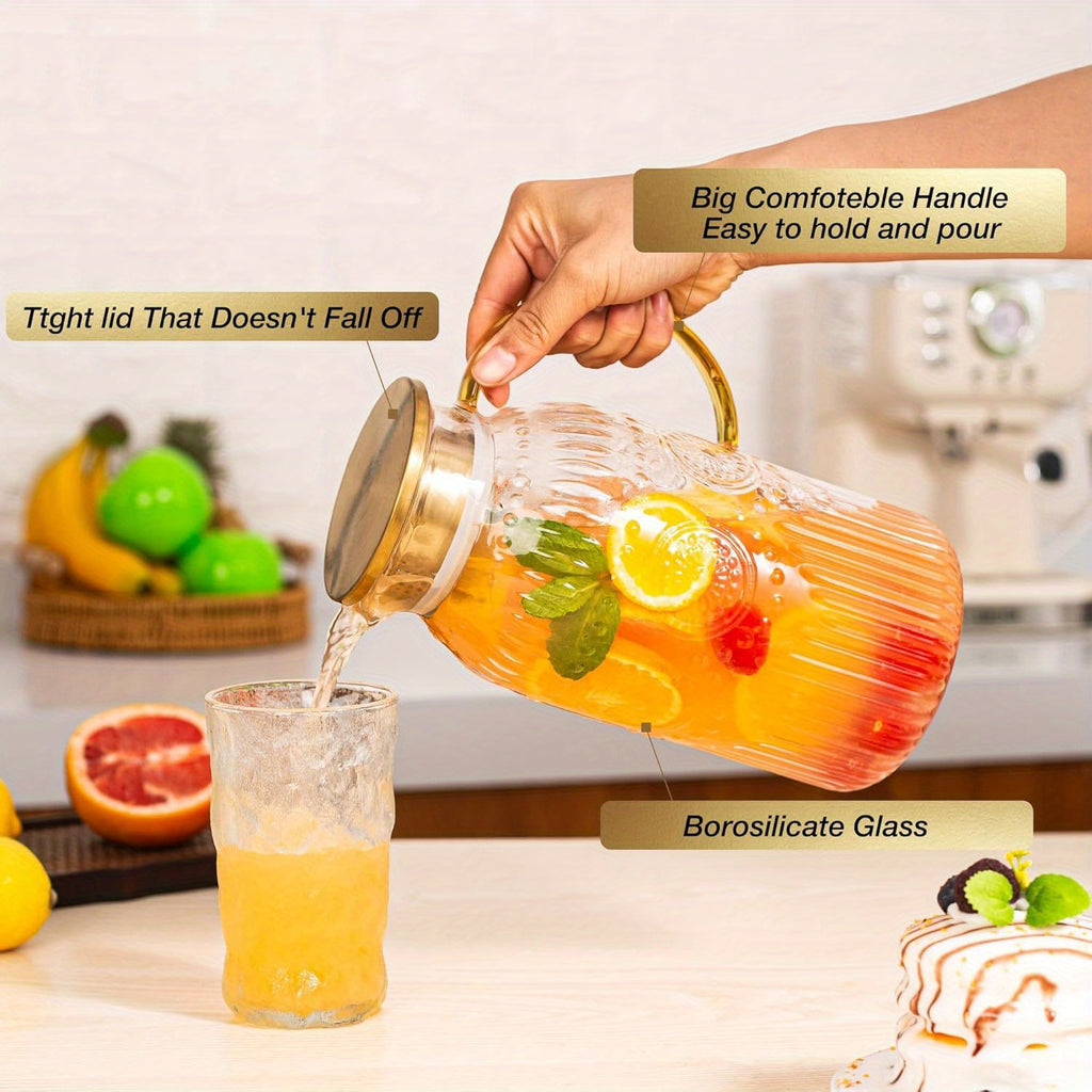 Amzcku 68oz/2 Liter Glass Pitcher with Lid - Vintage Water Jug, Heat-Resistant Glass Carafe Suitable for Cold Brew, Coffee, Lemonade, Iced Tea - Lid, Glass Jug for, Parties, Picnics, Camping, Office