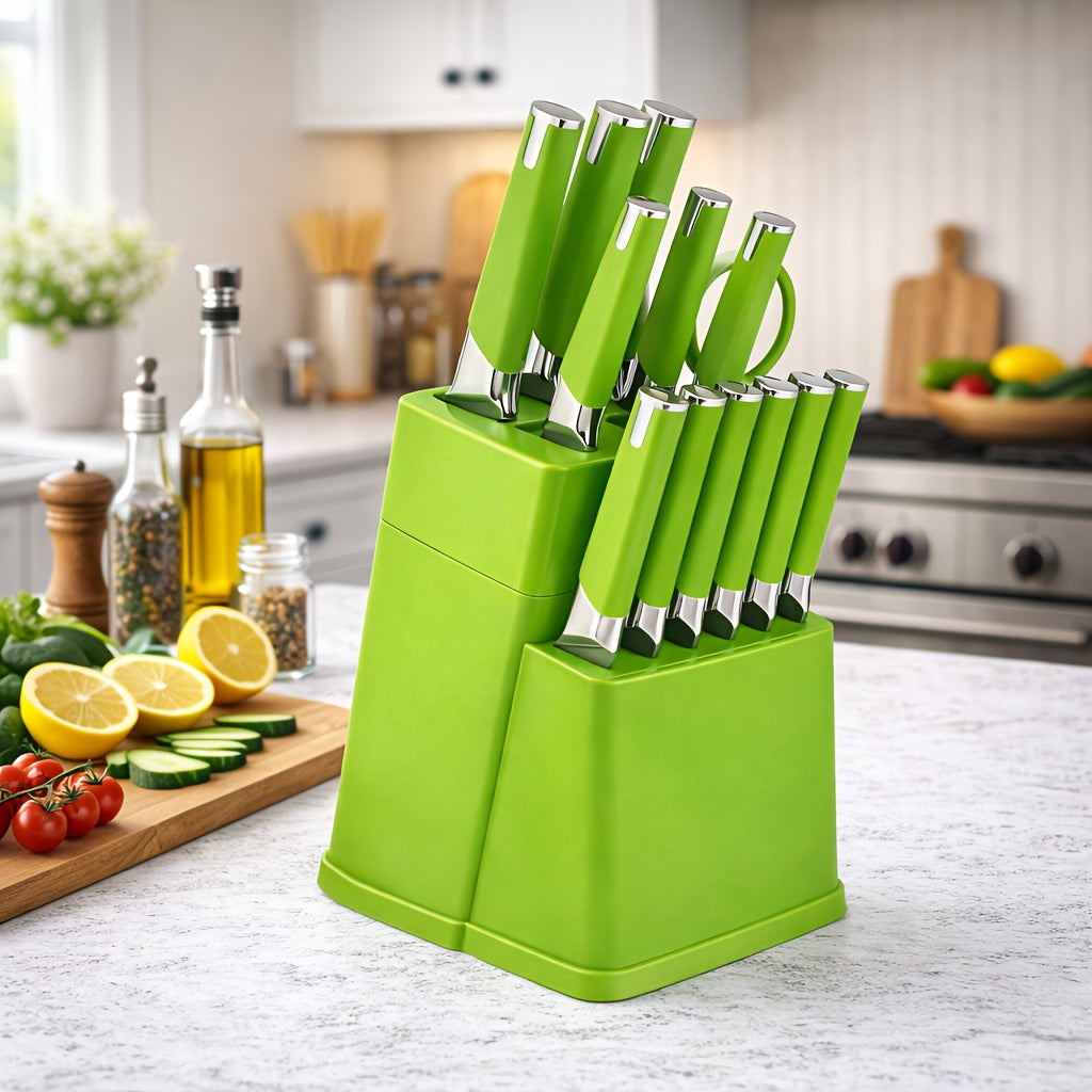 13pcs All-in-One Kitchen Knife Set with Holder - Includes 6 Steak Knives, Chef Knife, Bread Knife & Scissors - Perfect Housewarming Gift for New Home - Sharp & Durable Cooking Tools