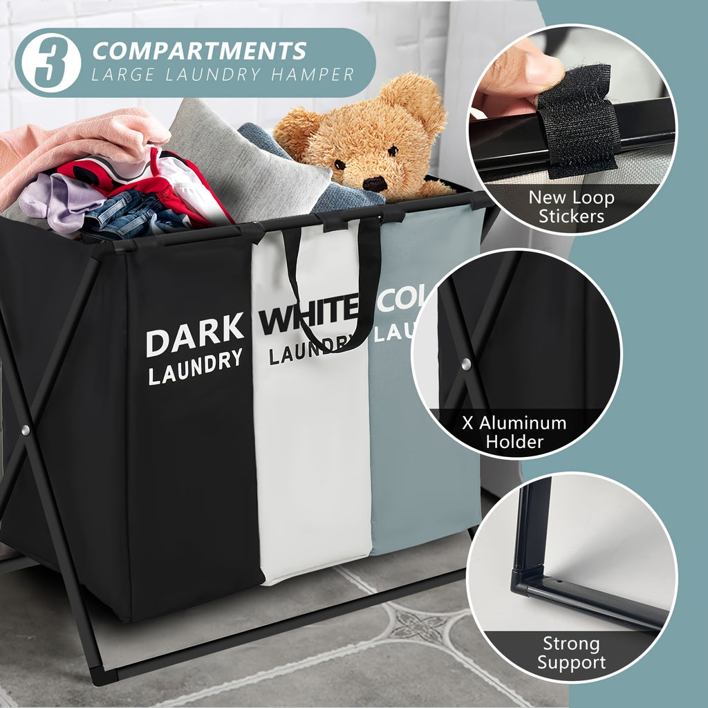 3 Section Laundry Basket Foldable Hamper Sorter with Oxford Bags Large Rectangular Laundry Hamper Basket with Handles - Durable Fabric-Component Design for Home College Dorm Bathroom & Bedroom