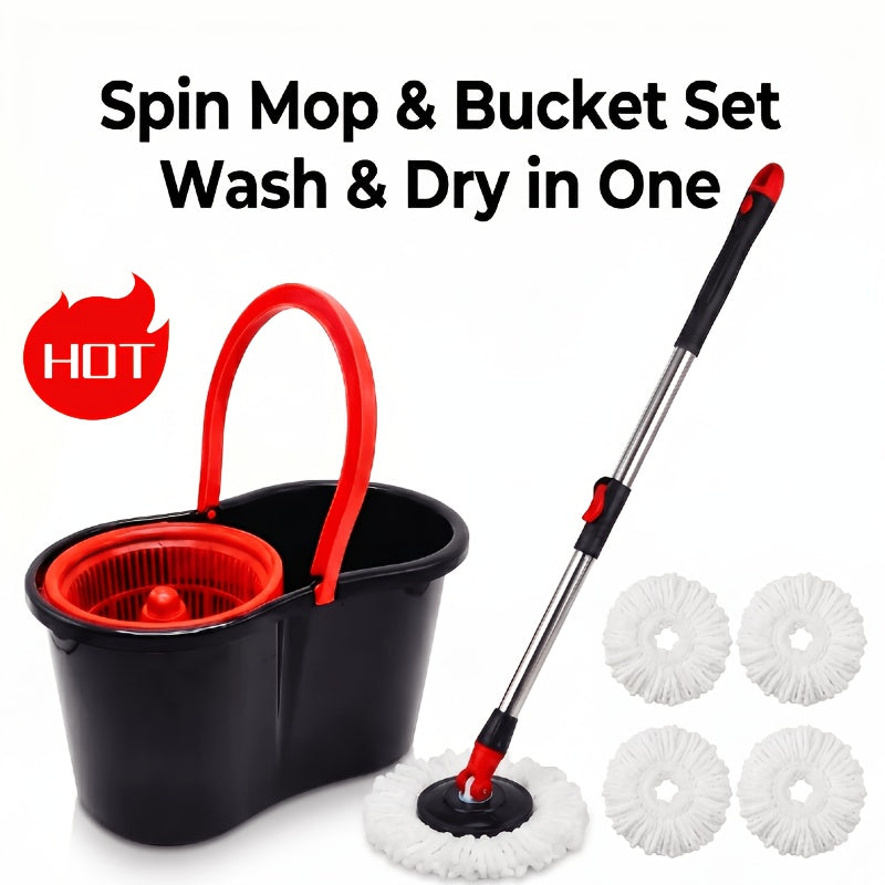 Spin Mop Bucket System with Wringer, Compact Mop and Bucket Set with 4 Microfiber Replacement Heads and 42" Adjustable Handle
