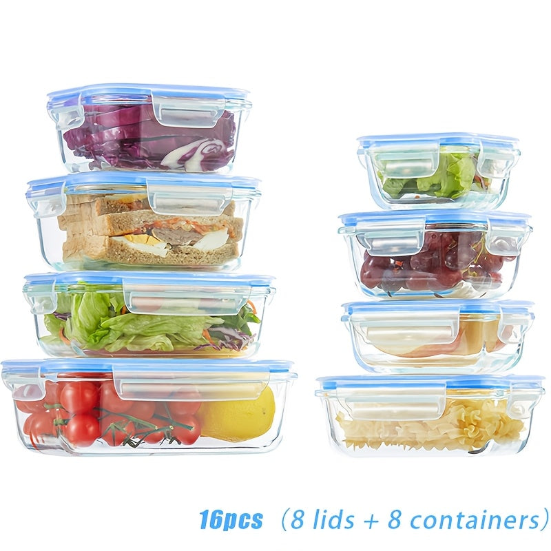 16pcs Sealed Glass Food Storage Containers, Lunch Boxes, Microwave Ovens, Ovens - Perfect for Salads, Fruits, Vegetables, And Sandwiches, Lunch Boxes | Sealed Storage | Durable Glass, Food Storage Containers (8 Lids And 8 Containers)